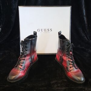GUESS  Red and Black Plaid Boots New In Box